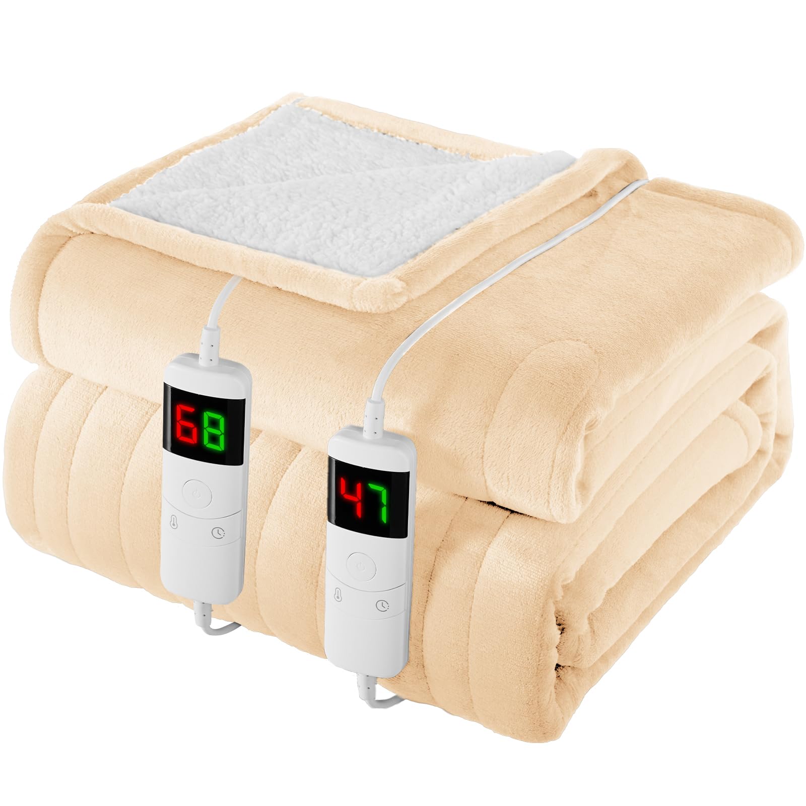 Homemate Plain-Beige Heated Blanket Electric Throw - 180X200cm, 1/2/4/6/8 Hours Auto-Off 10 Heat Level Digital Control, Over-Heat Protection Flannel Sherpa Washable Blanket Beige