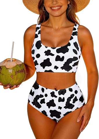 Adisputent Womens High Waisted Bikini Color Block Swimwear Bandeau Top Sports Style Scoop Crop Swimsuit 2 Piece Bathing Suits