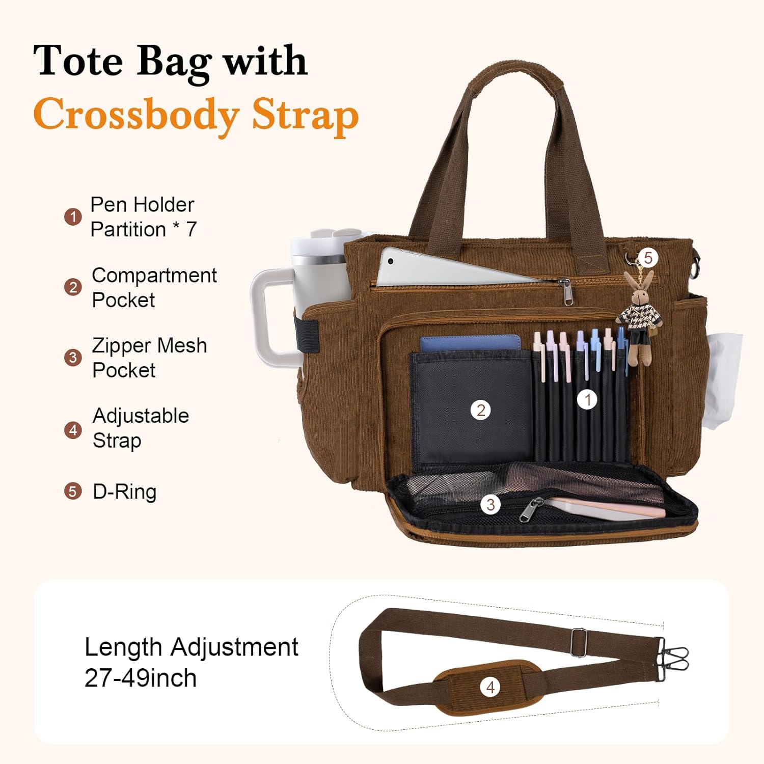 Messenger Bag for College with Laptop Compartments and Zipper Pockets Crossbody Corduroy Teacher Tote Bag for Men and Women - Image 5
