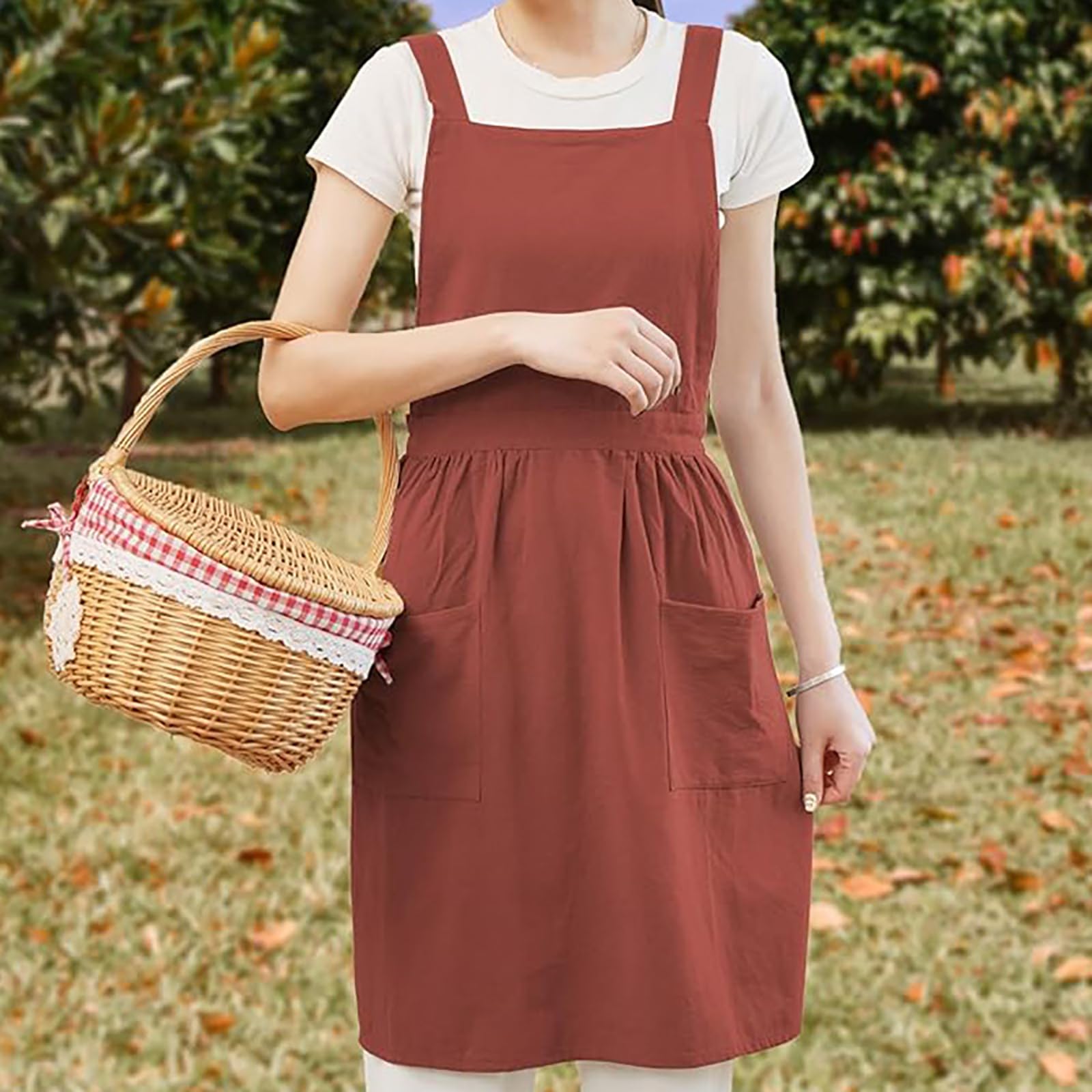 Grembiule da cucina da donna in cotone e lino, con incrocio sul retro, con tasche, per cucinare, cuocere, giardinaggio, pittura