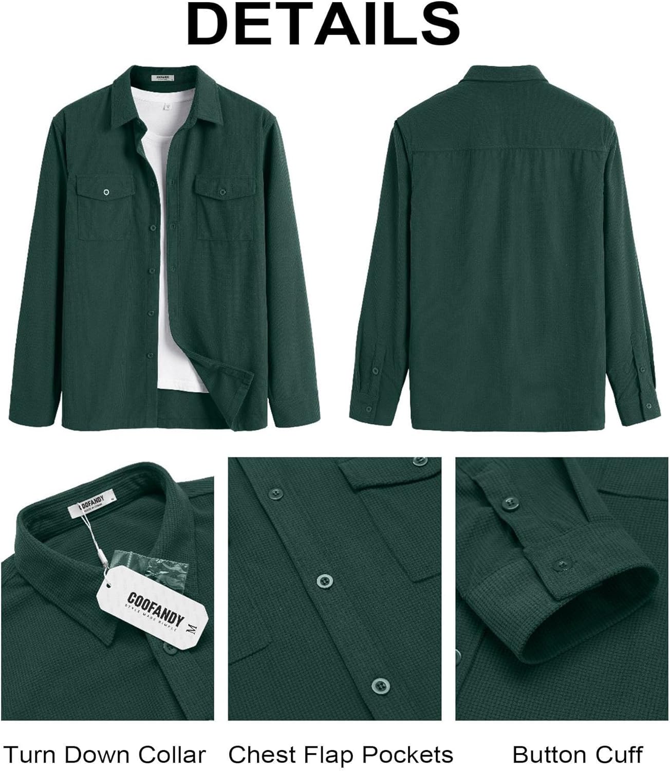 COOFANDY Men's Button Down Waffle Shirt Jacket Casual Long Sleeve Shacket Lightweight Overshirts with Flap Pockets - Image 5