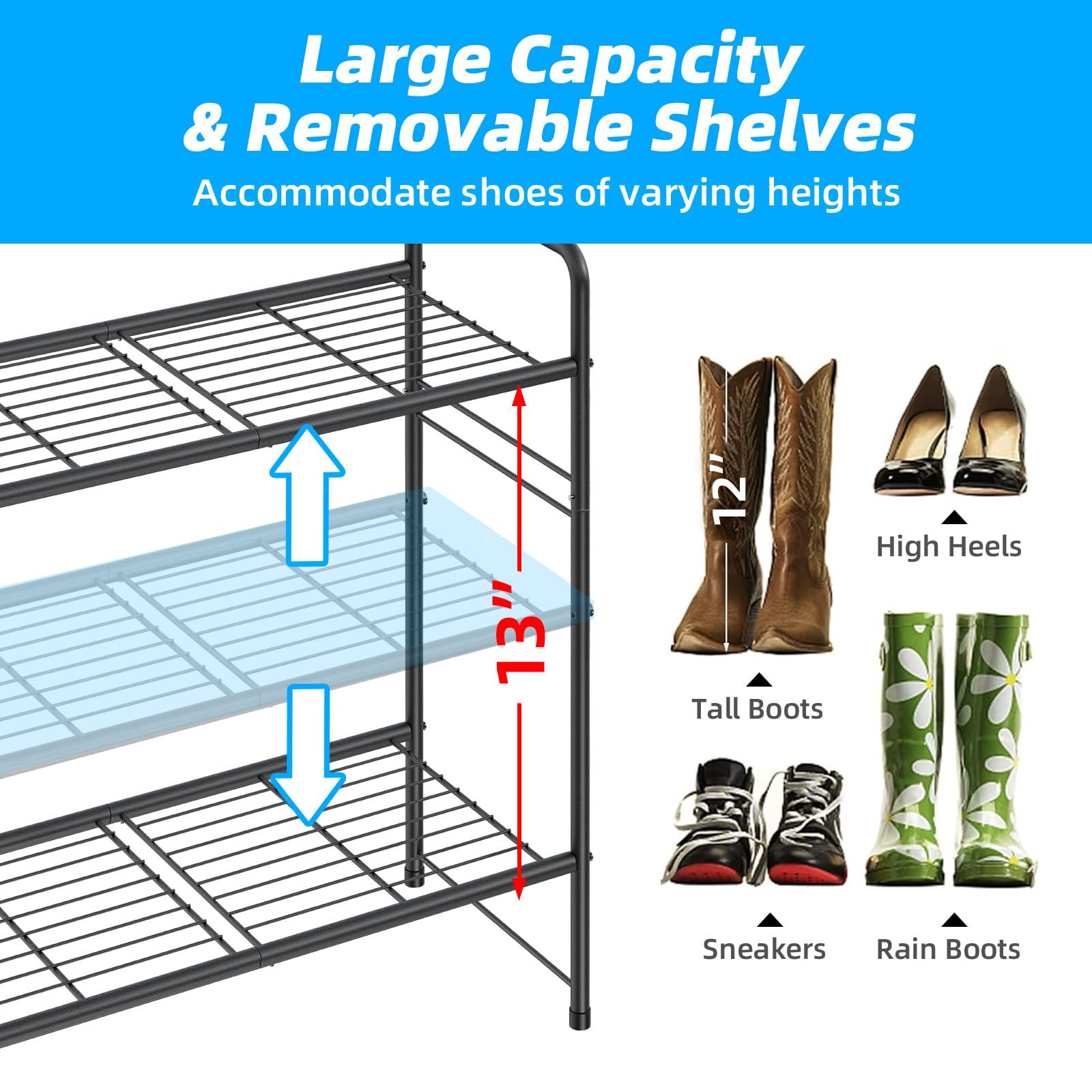 Zapatero de 3 niveles para armario, organizador de almacenamiento de zapatos extra largo de 46.5 pulgadas para estantes, metal resistente, fácil montaje, negro 6