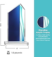 Vista 4 de Trofeo grabado – Acrílico azul – Forma rectangular – Acentos de rayas de colores – Grabado personalizado – Premio para empleados