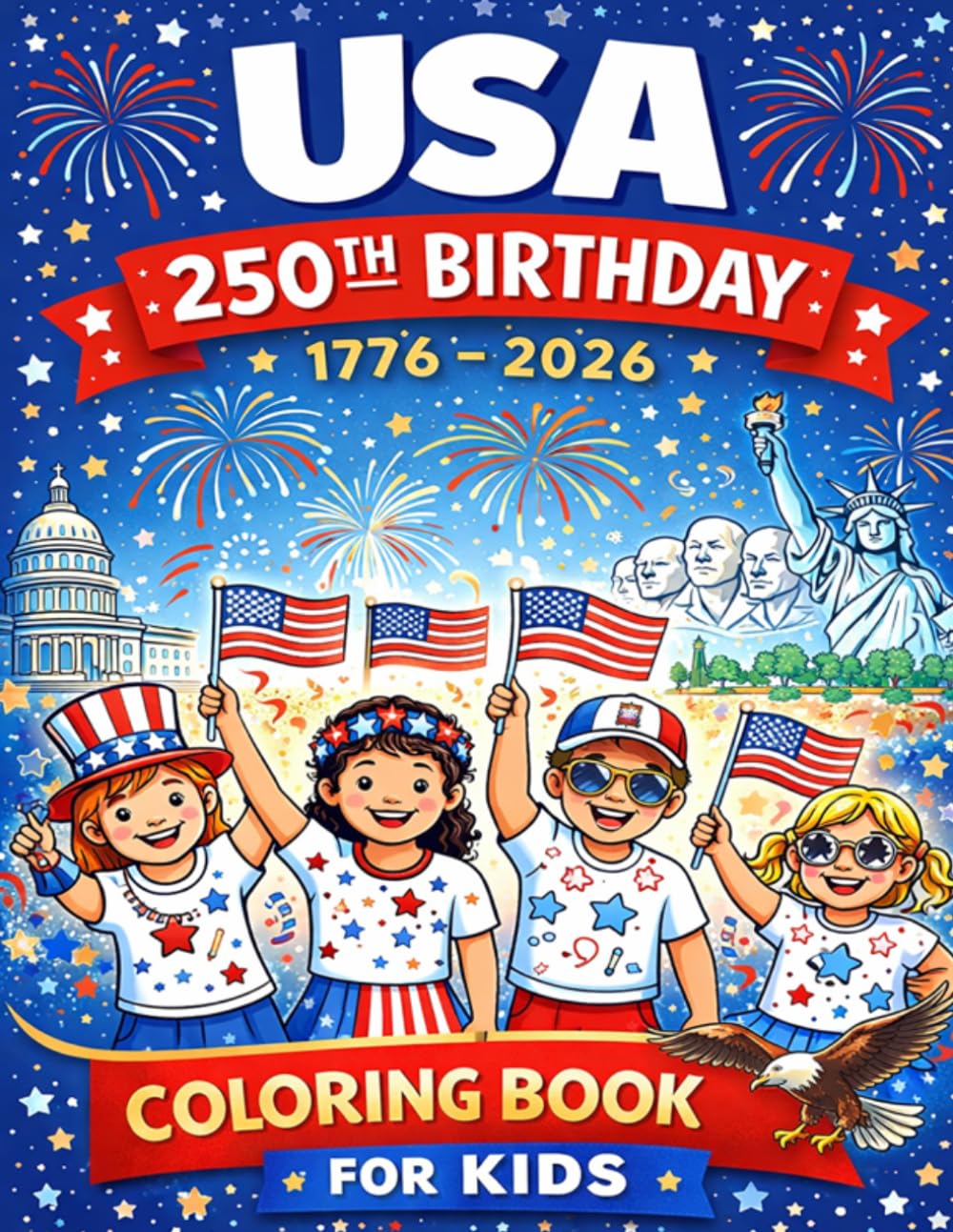 USA 250th Birthday Coloring Book for Kids: Celebrate 250 Years of the USA with Fun Patriotic Coloring Pages – Fireworks, Flags, Landmarks and Festive Scenes