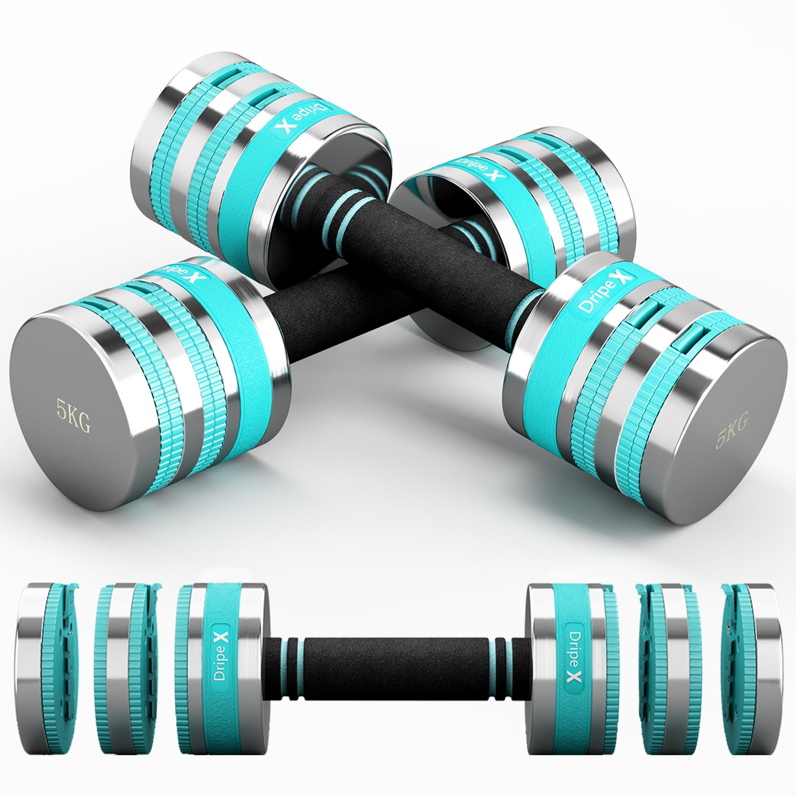 Dripex Adjustable Dumbbells Weight Set 2.5kg 5kg 10kg Dumbbell Pair, 4-in-1 Weight Dumbbells Set Women Men with Non-Slip Handle Home Gym Fitness-5kgX2 — image 1