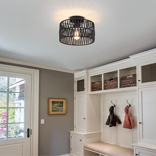 Miniatura 3 de Lámpara de montaje empotrada tejida en color negro costero, cuerda de cáñamo industrial rústica, lámpara de techo redonda de montaje empotrado para