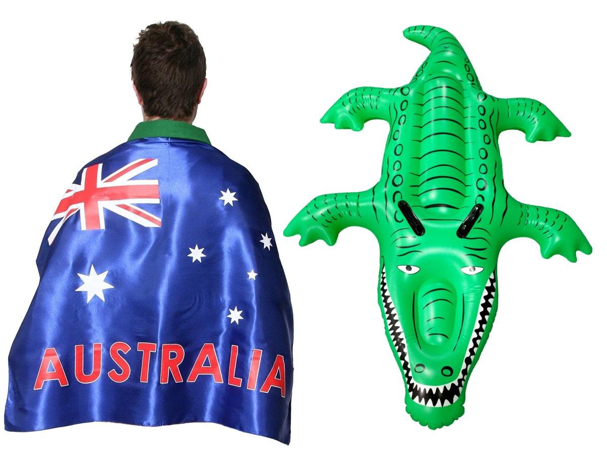ILOVEFANCYDRESS AUSTRALIAN FLAG CAPE WITH 5 FOOT INFLATABLE CROCODILE - ONE SIZE FITS MOST