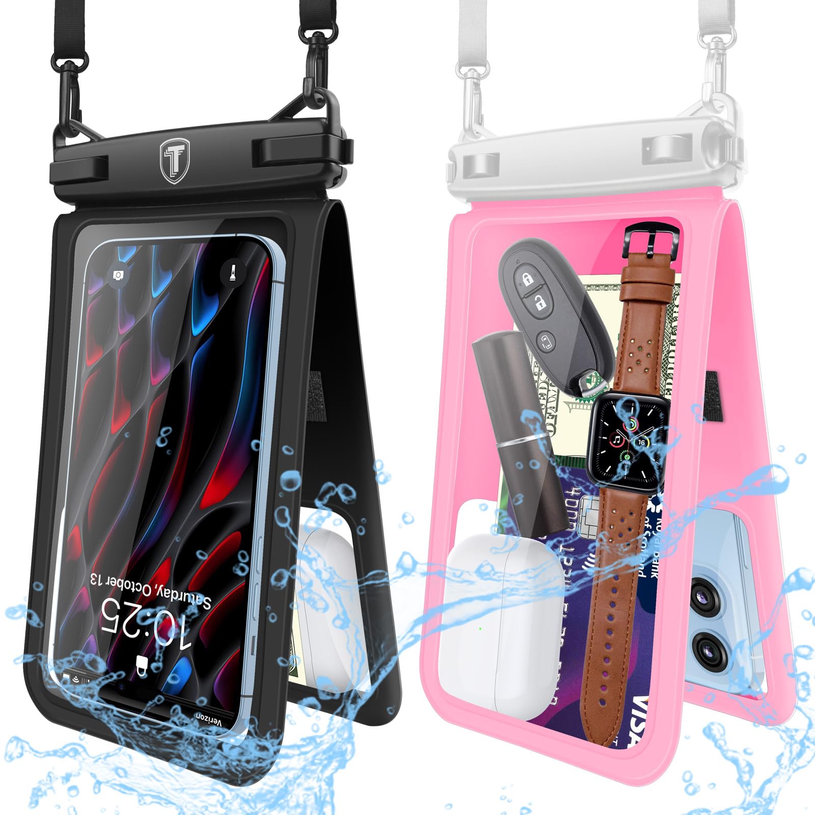 [2-Pack] Tekcoo Double Space Detachable Waterproof Phone Case IPX8 Pouch Lanyard Dry Bag for iPhone 17/16/15/14/13/12/Pro Max/Air/Pro, Galaxy S25
