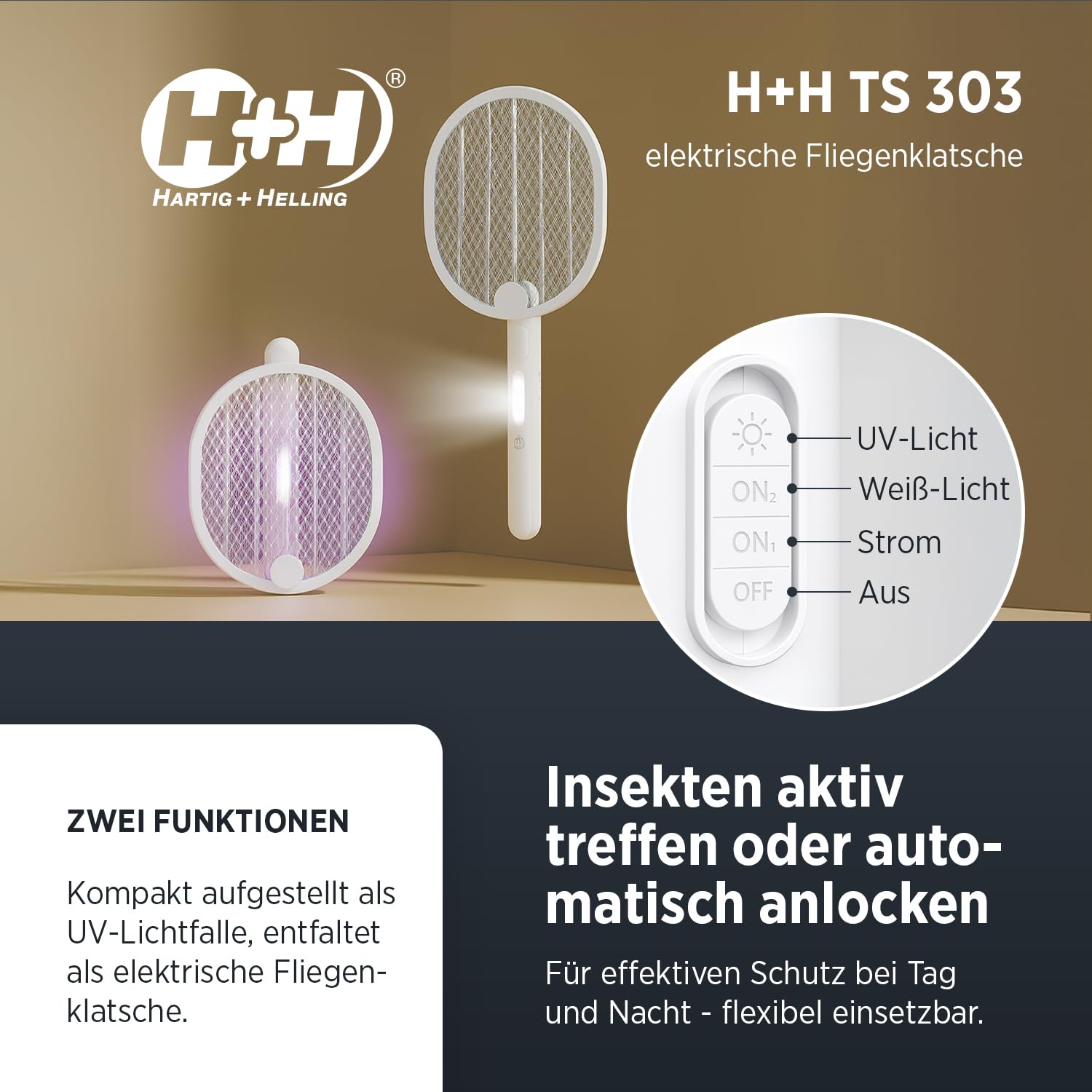 Amazon | H+H TS 303 電動ハエたたき ホワイト | 2-in-1 電動ハエ