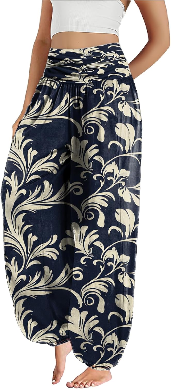 domirica Boho Pants for Women Blue Floral Loose Fit Comfy Plus Size Elastic Waist Flowy Wide Leg Cropped Palazzo Trousers