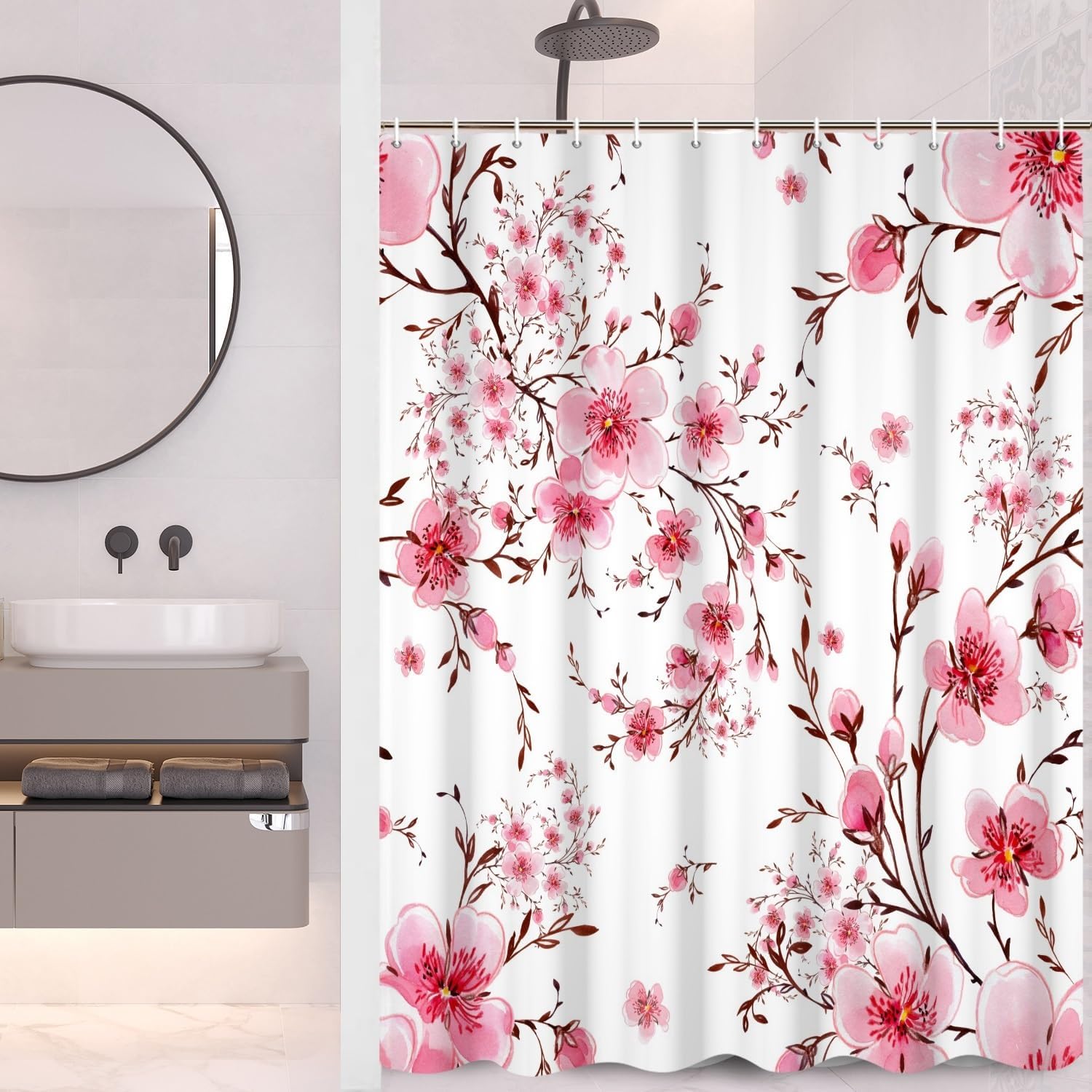 Cherry Floral Shower Curtain Spring Blooming Pink Flowers Chic Blossom Japanese Asian Art Shower Curtains for Bathroom Decoration Washable Durable Polyester Fabric, 72x72 Inch