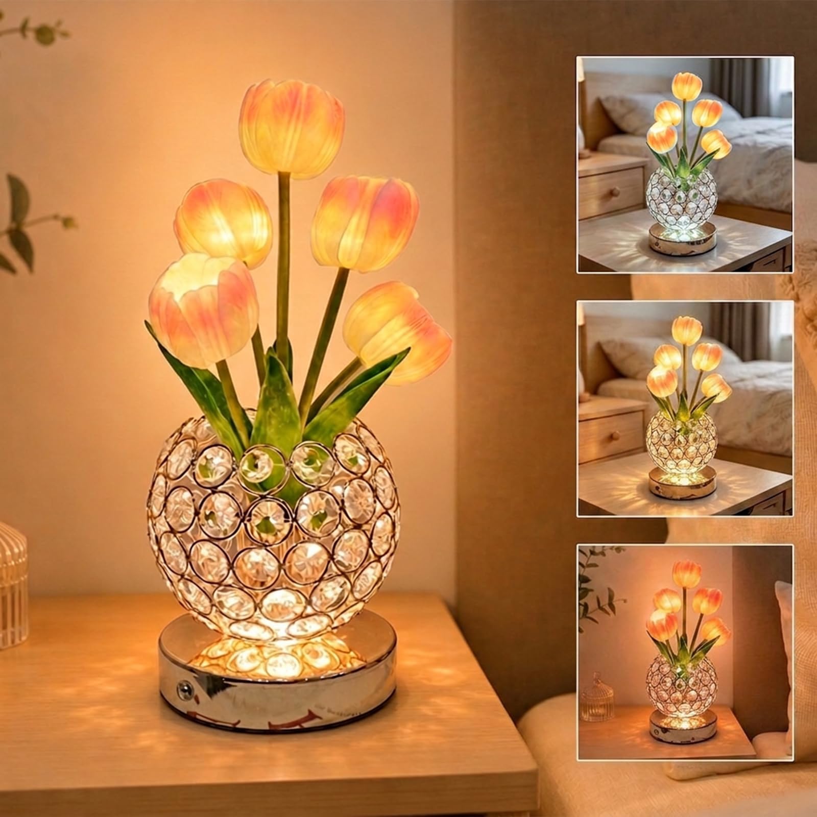 Lampada da Tavolo LED Con Tulipani, Lampada Con Fiori in Cristallo, Luce Notturna USB Ricaricabile, 3 Colori E Sfumature Infinite, Lampada Da Tavolo, Regalo Romantico per Donne