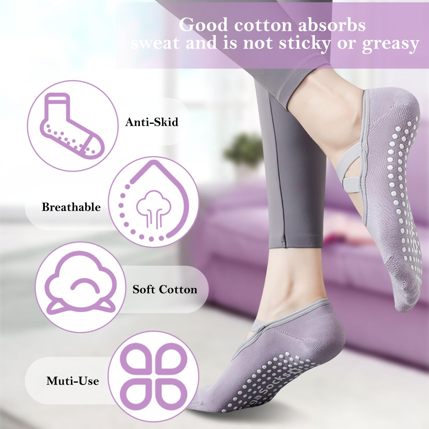 BendJoy 3Pairs Non Slip Yoga Socks for Women - Breathable Cotton Anti Skid Pilates Casual Grip Socks for Yoga, Ballet, Barefoot Workout, 4.5-7.5 UK, Purple 2