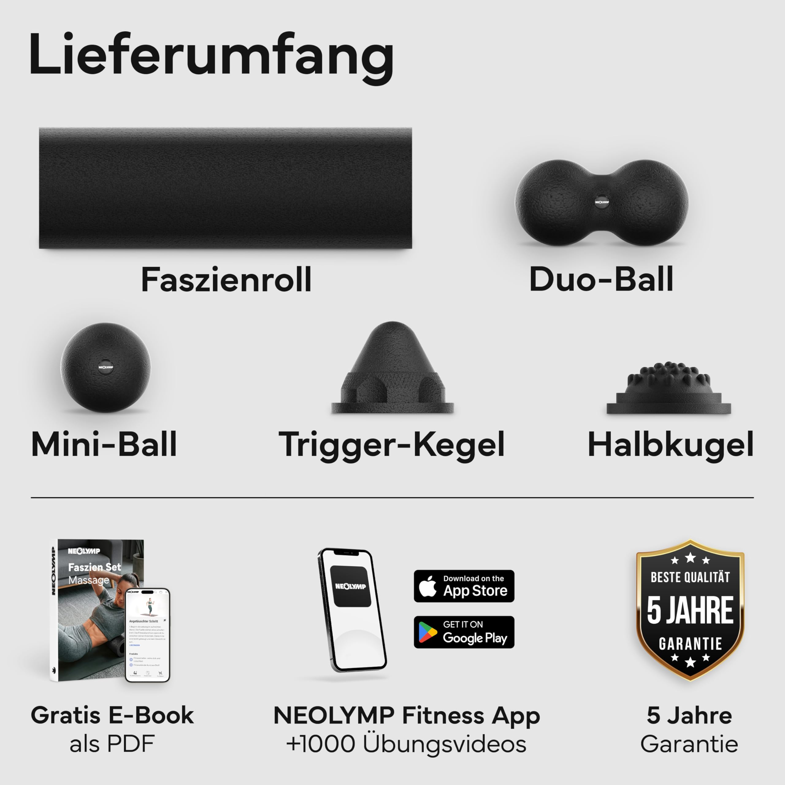 NEOLYMP Faszienrolle Set 5-in-1 Massage-Set EPP-Hartschaum Triggerpunktmassage Regeneration
