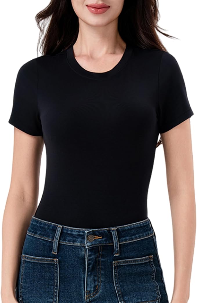 DAVID ARCHY Women's Short Sleeve Bodysuit Crew Neck & V Neck Modal Soft Comfortable Fit Sexy Top