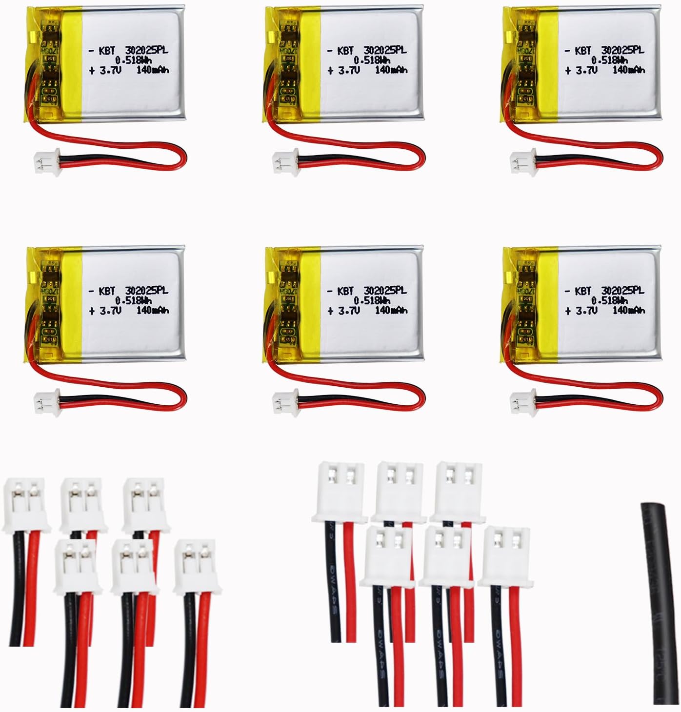 KBT 3.7V 140mAh Li-Polymer Battery:302025 Lipo Rechargeable Lithium-ion Replacement Batteries with PH1.25,PH1.25/2.0 JST Connector for Replacement -6pack
