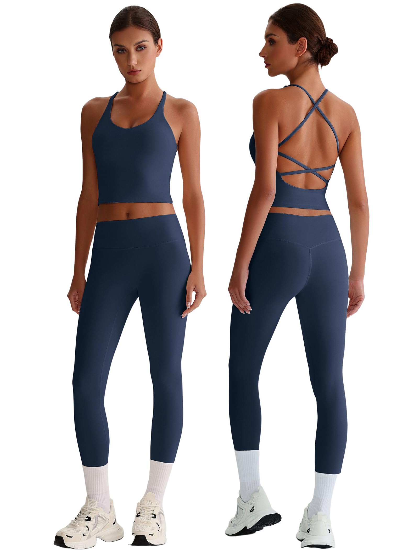 ABOCIW Workout Sets for Women 2 Piece Backless Strappy Padded Tank Tops High Waist Leggings Gym Yoga Pilates
