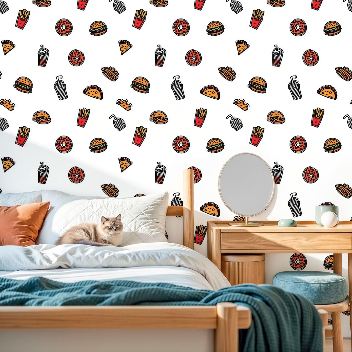 Peel and Stick Wallpaper Fast Food Burger Hamburger Pizza Seamless Thin line Wall Contact Paper 17.7"x118" Waterproof Self Adhesive Vinyl Covering for Bathroom Kitchen Decor