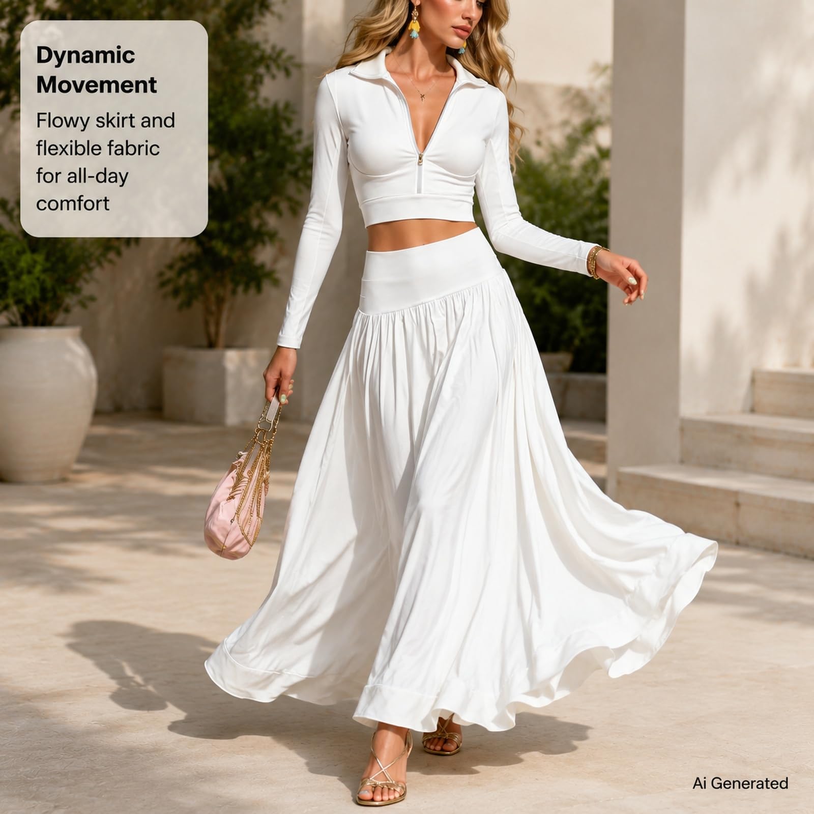 Damski dwuczęściowy zestaw spódnic z długim rękawem Crop Top Maxi Spódnica