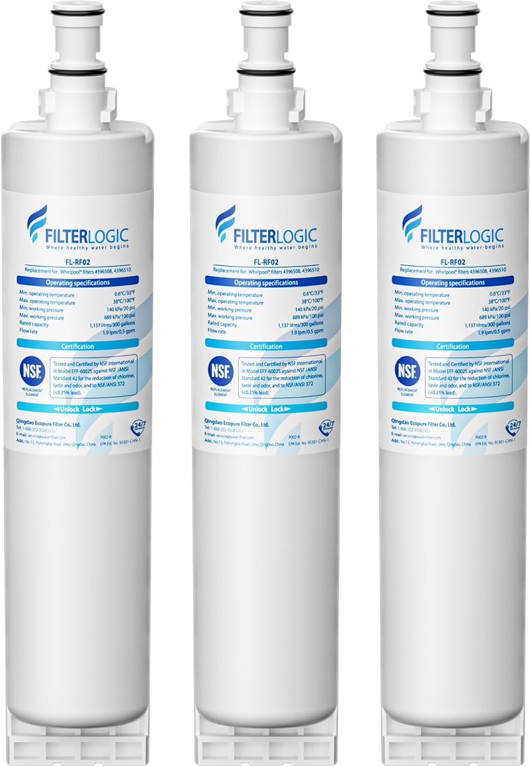 Filterlogic 4396508 Refrigerator Water Filter, Replacement for Whirlpool EDR5RXD1, EveryDrop Filter 5, PUR W10186668, NLC240V, 4396510, 4396508P, 4392857, WF-4396508, Pack of 3