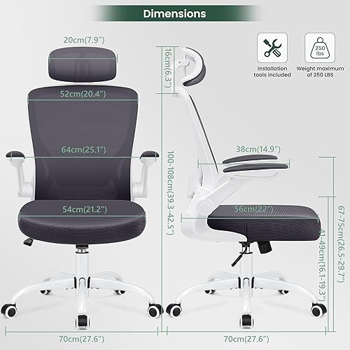 Miniatura 2 de KERDOM Silla de oficina ergonómica, silla de computadora de soporte lumbar con reposacabezas y brazos abatibles, silla de escritorio de malla