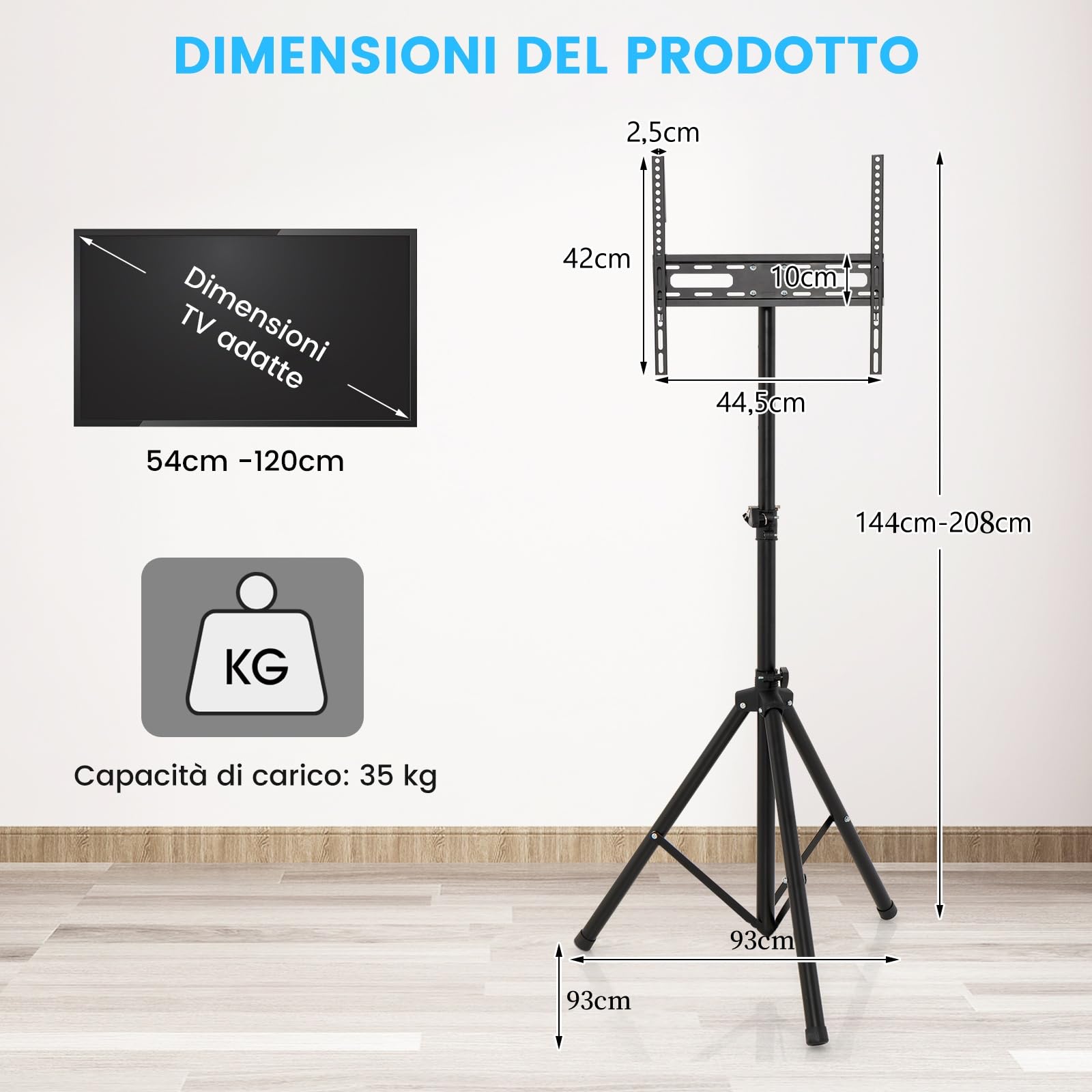 GYMAX Supporto Monitor con Treppiede, Mobile TV Pieghevole con Telaio di Fissaggio per Monitor e Asta di Sollevamento Regolabile in Altezza su 5 Posizioni, Capacità di Peso Massima 35KG, Nero