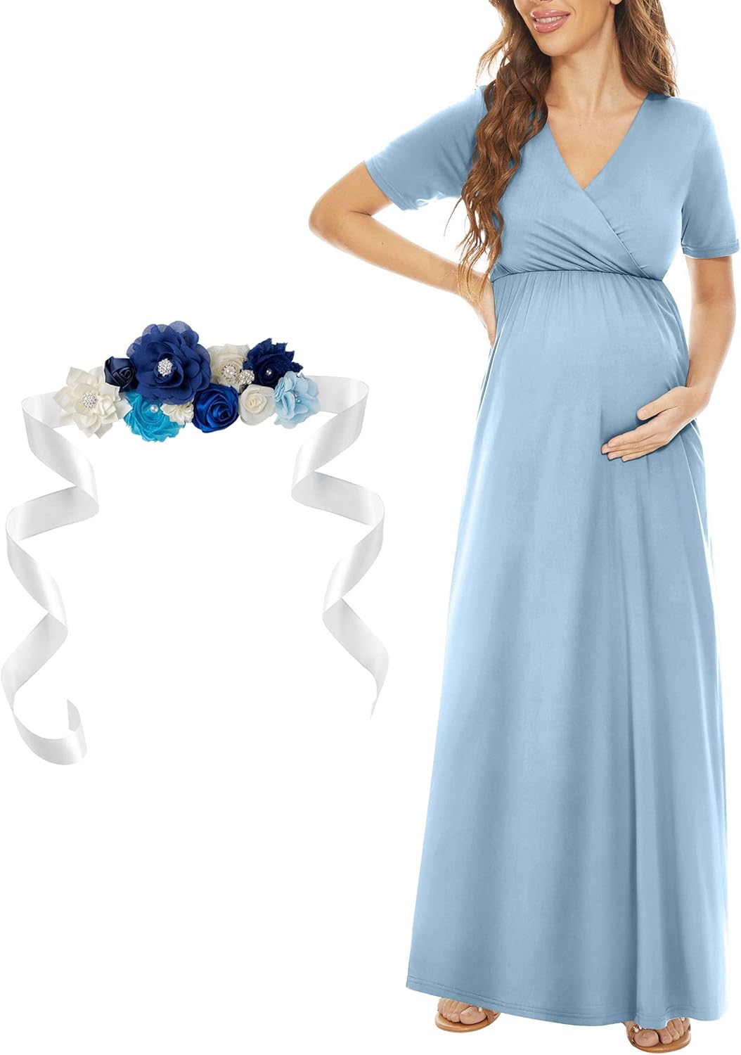 KIM S Maternity Maxi Dress with Flower Sash(S-3XL)/Wrapped Ruched V Neck Photoshoot Baby Shower Dresses - Image 2