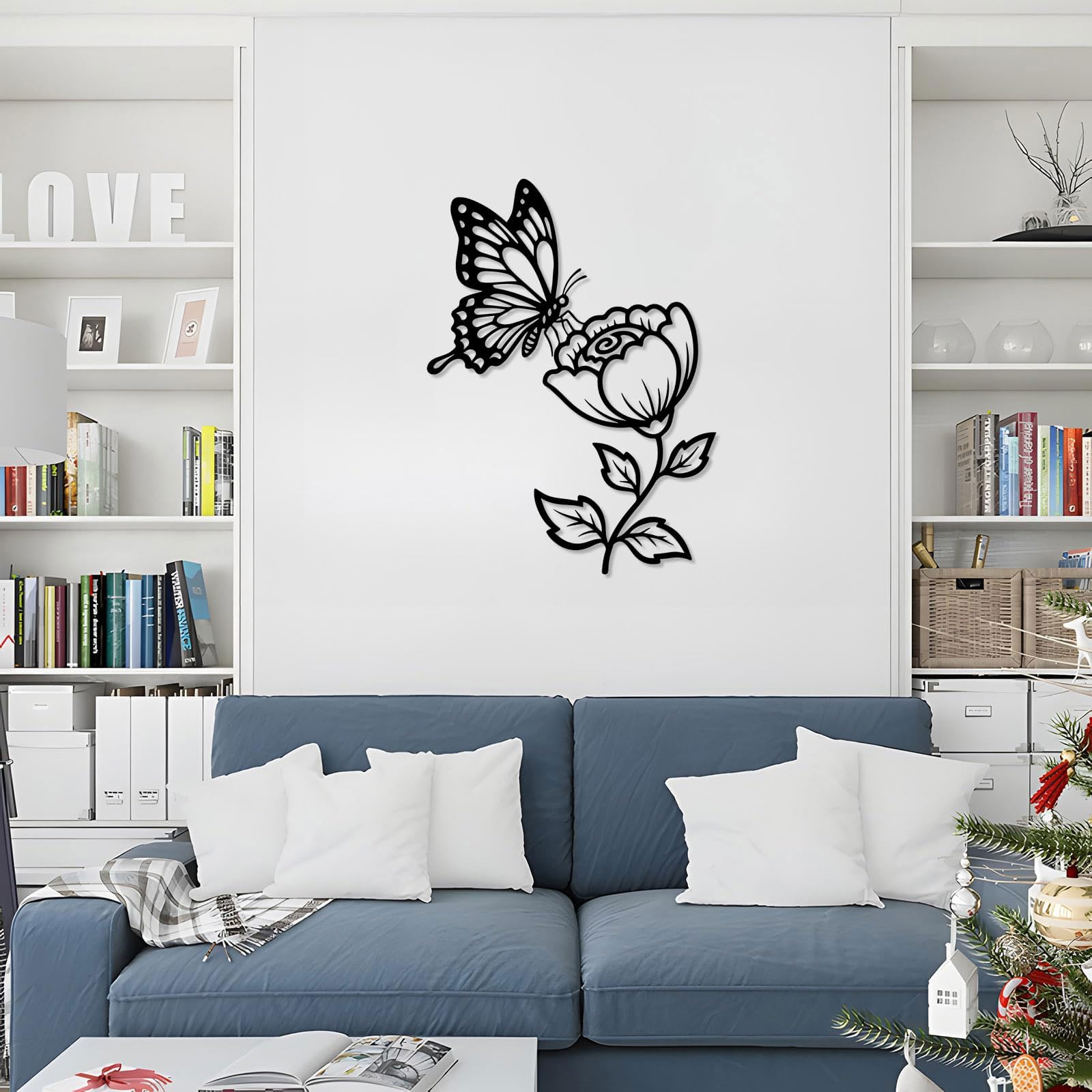 Dekoracja ścienna do salonu, dekoracja wisząca do domu (61 cm) | Motyl na kwiatku metalowa sztuka ścienna dekoracja ścienna metalowa dekoracja zewnętrzna