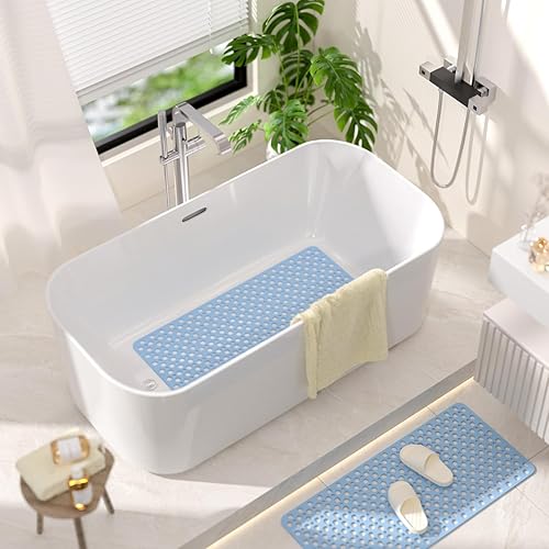 Vista 28 de HITSLAM Tapete antideslizante para bañera de 28 x 15 pulgadas, tapete de baño de drenaje eficiente con ventosas, suave en los pies y fácil de Azul