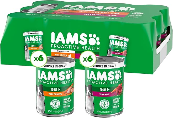 IAMS Proactive Health Adult Wet Dog Food Chicken Chunks in Gravy or Beef Chunks in Gravy, 13 oz. Cans (12 Count, Pack of 1)