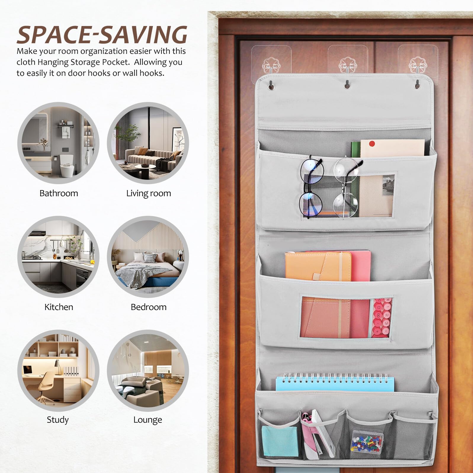 Organizer Appendibile da Porta in Tessuto Grigio Strati Portaoggetti con Tasche Multiple Resistente e Lavabile per Camera Soggiorno e Dormitorio