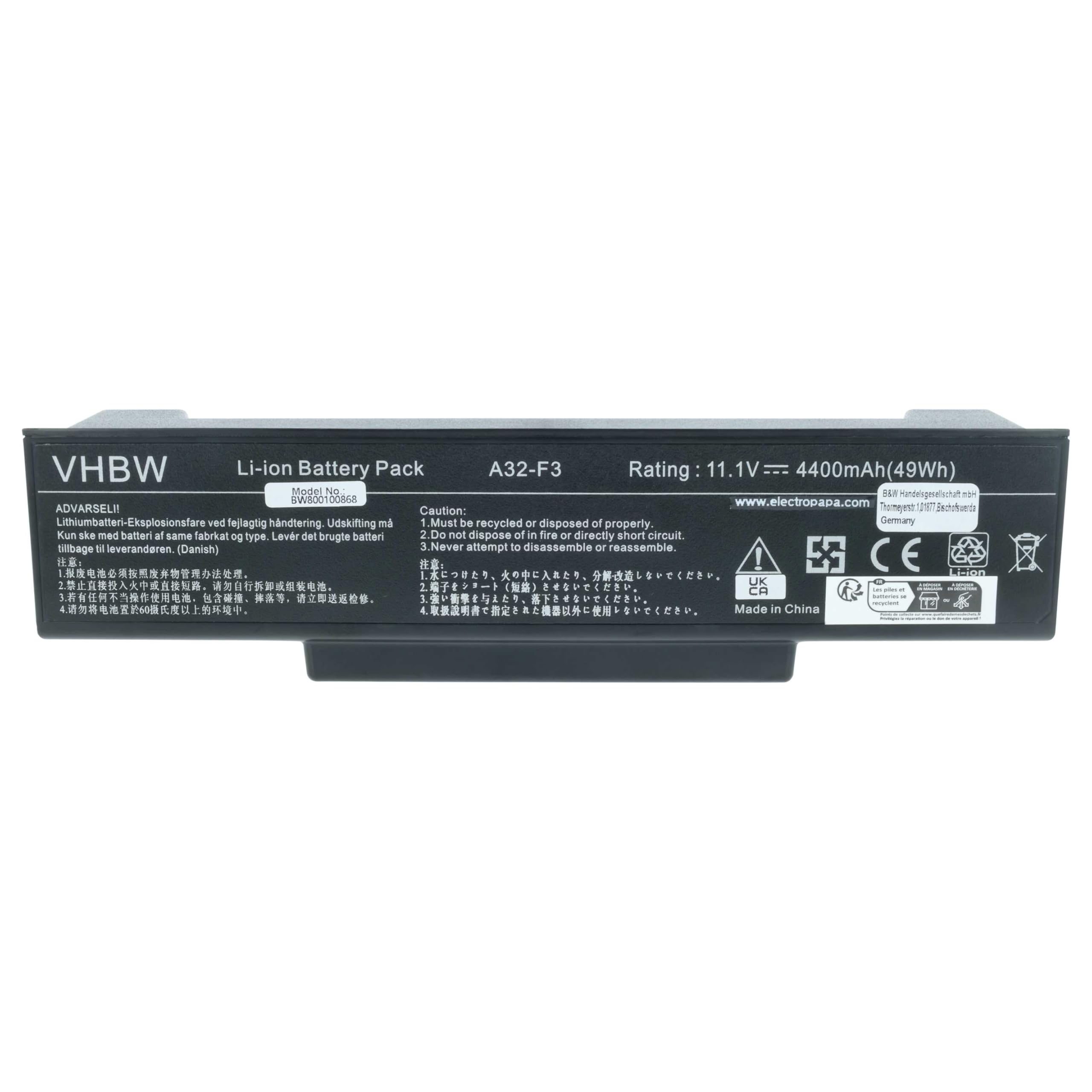 vhbw batteria compatibile con Asus F2hf, F3F, F2J, F2Je, F3Ja, F3Jc, F3, F3E, F3H, A9rp, F3J, F2, F2F notebook (4400mAh, 11,1V, Li-Ion)