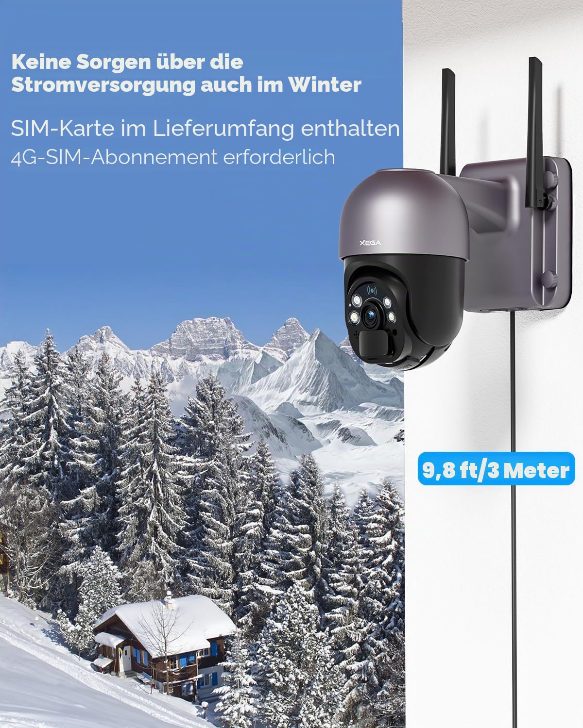 Xega 4G LTE Überwachungskamera mit SIM Karte 20W Solar 20000mAh Akku Aussen | ohne WLAN PTZ, 2K 3MP Auflösung, 355°/95° PTZ, Farb-Nachtsicht, PIR Bewegungserkennung, Kabellos, Abonnement Erforderlich