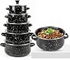 5-Piece Enamel Stock Pot Set, Black Kitchen Cookware with Glass Lid, 1618202224cm 1.1L-4L, Induction Compatible, Even Heating Saucepan Set for Gas, Ceramic, Electric & Halogen Hobs