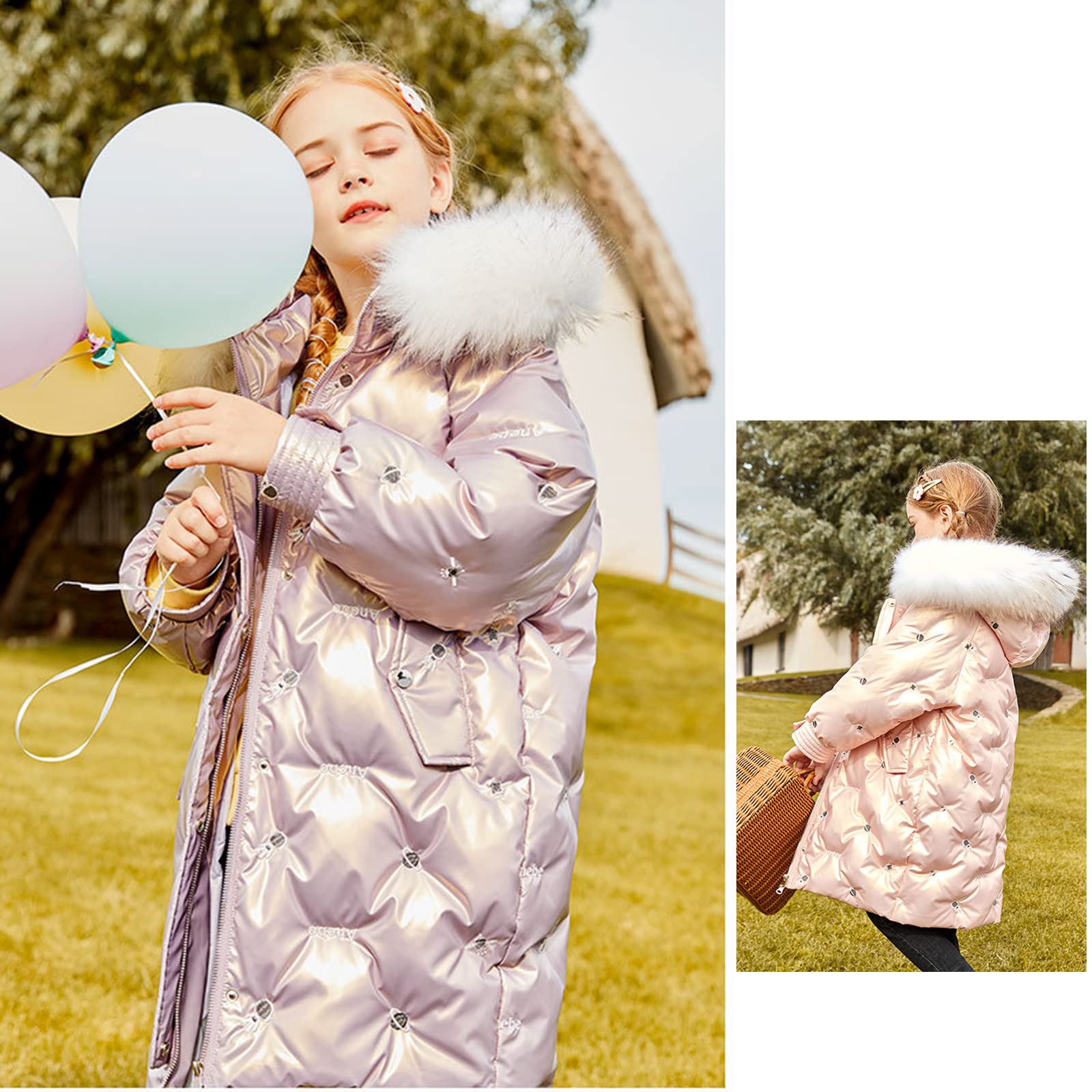 Piumino D'Anatra Bianca con Cappuccio Invernale per Bambini di Media Lunghezza Giacca Calda da Bambina Modello Spaziale Dolce Ed Elegante Grande Pelliccia Lucida,Pink,7T(130CM)
