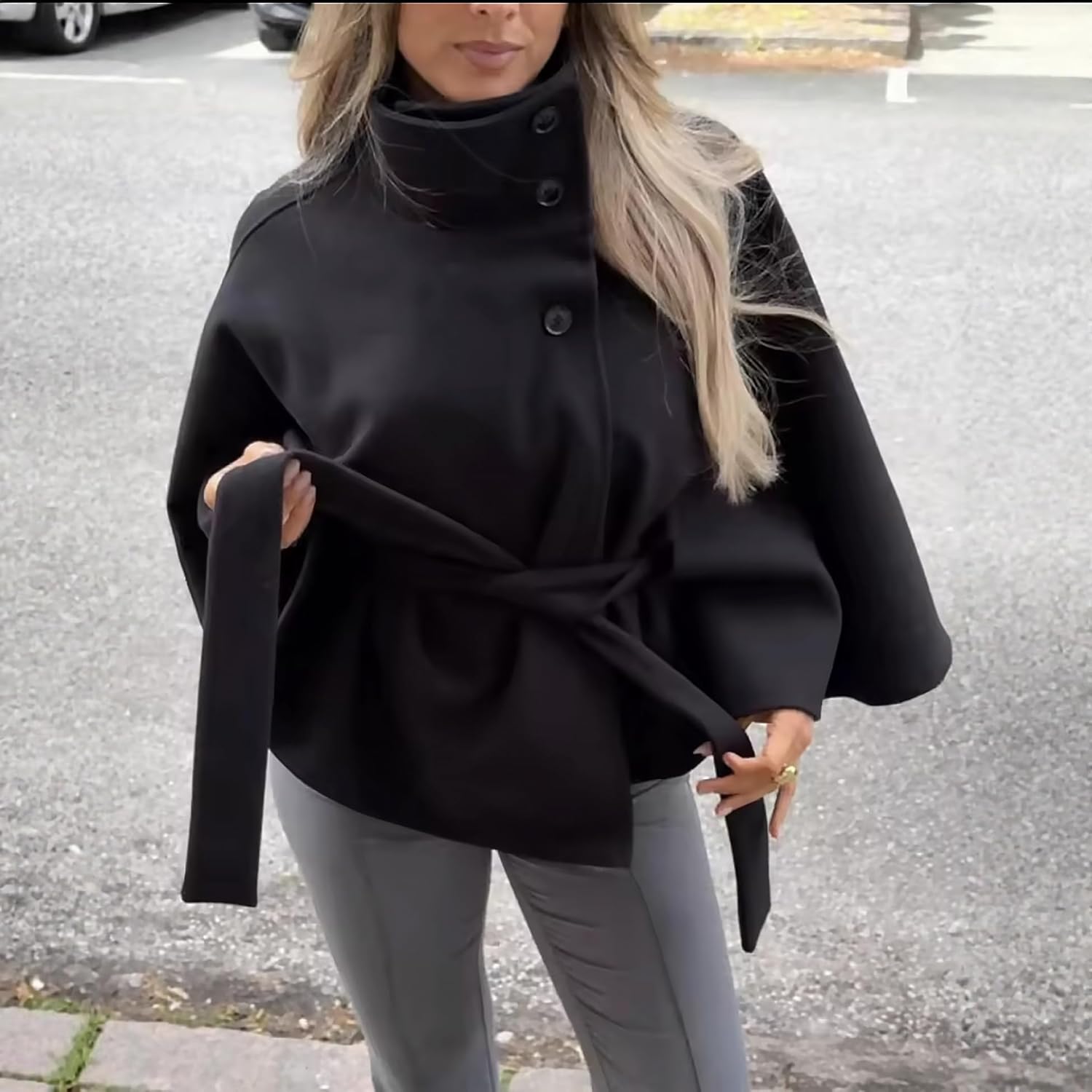 Womens Batwing Sleeve Poncho Pea Coats Elegant Stand Collor Capes Jacket Cloak Belted Fall Trendy Casual Outerwear - Image 7