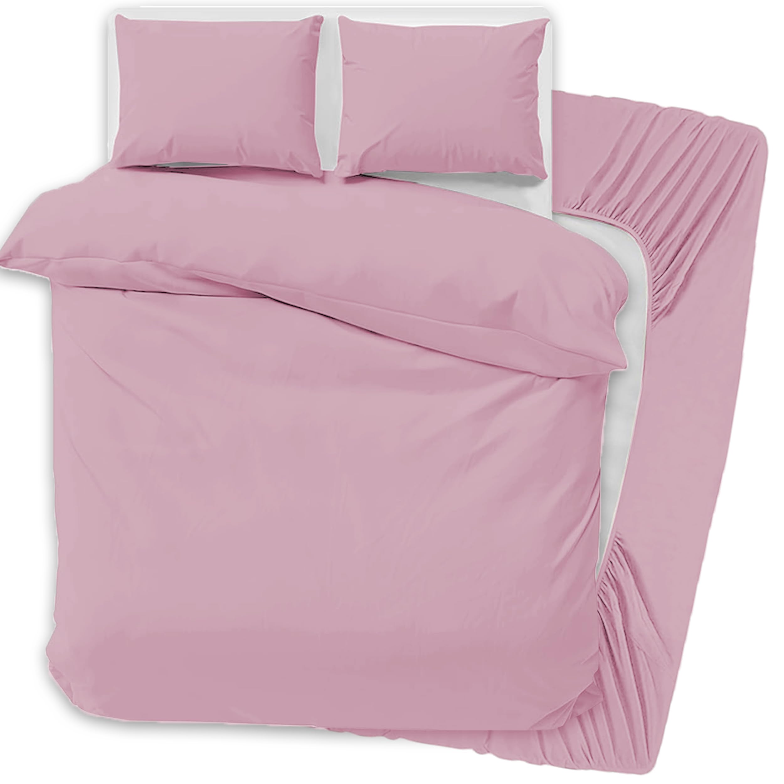 PRIME LINENS 4 Pcs Duvet Cover Set with Matching Fitted Sheet 30 cm Deep - Soft Breathable Premium Microfibre Quilt Cover Bedding Set (Pink, Super King)