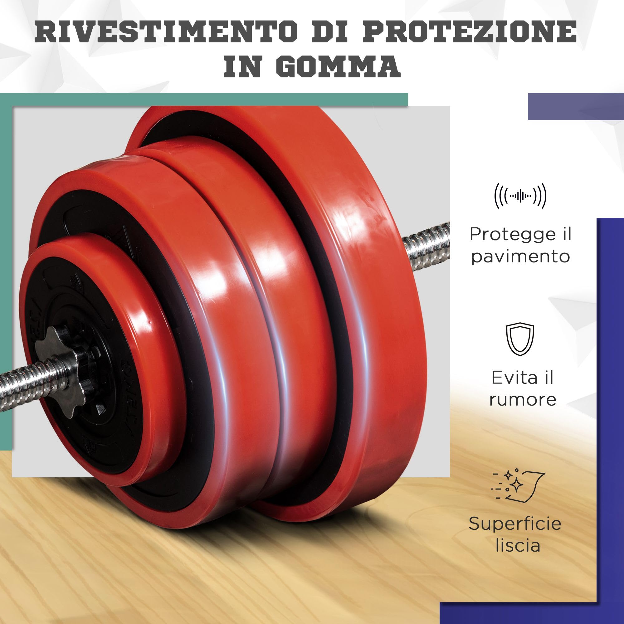 HOMCOM Set Bilanciere con Dischi Pesi 65kg Totali in Sabbia di Ferro, Metallo e Gomma, Rosso