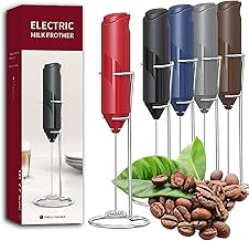 Milk frother, Electric Milk Frother Handheld with Stainless Steel Stand Battery Powered Foam Maker, Whisk Drink Mixer Mini Blender for Coffee, Frappe, Latte, Matcha, Hot Chocolate (Red)