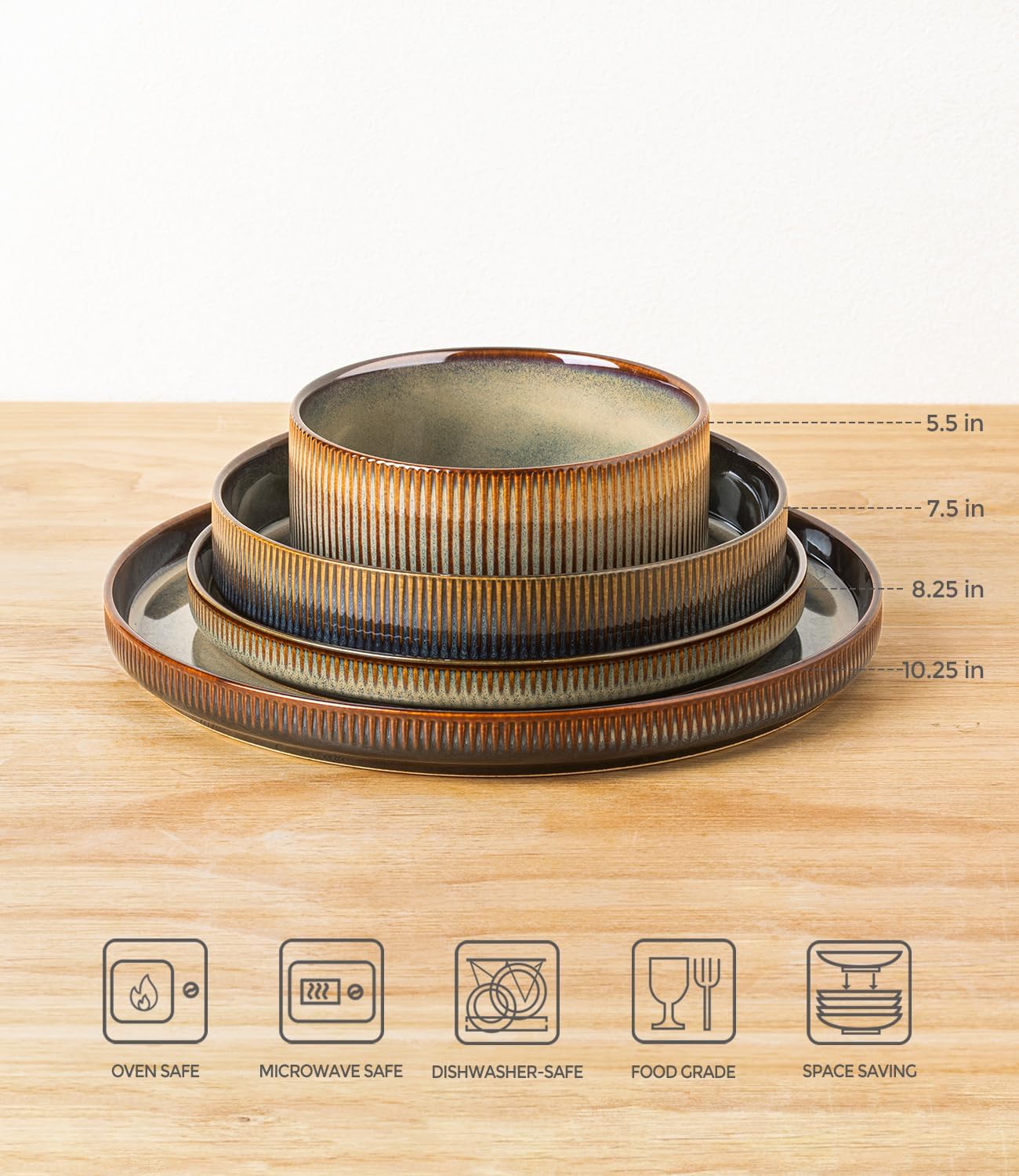 theterra ceramic dinnerware sets with pasta bowls for 4, 16 pieces porcelain lightweight plates and bowls sets, scratch resistant dish set, oven & microwave & dishwasher safe, coca mocha coca mocha service for 4 (double bowl)