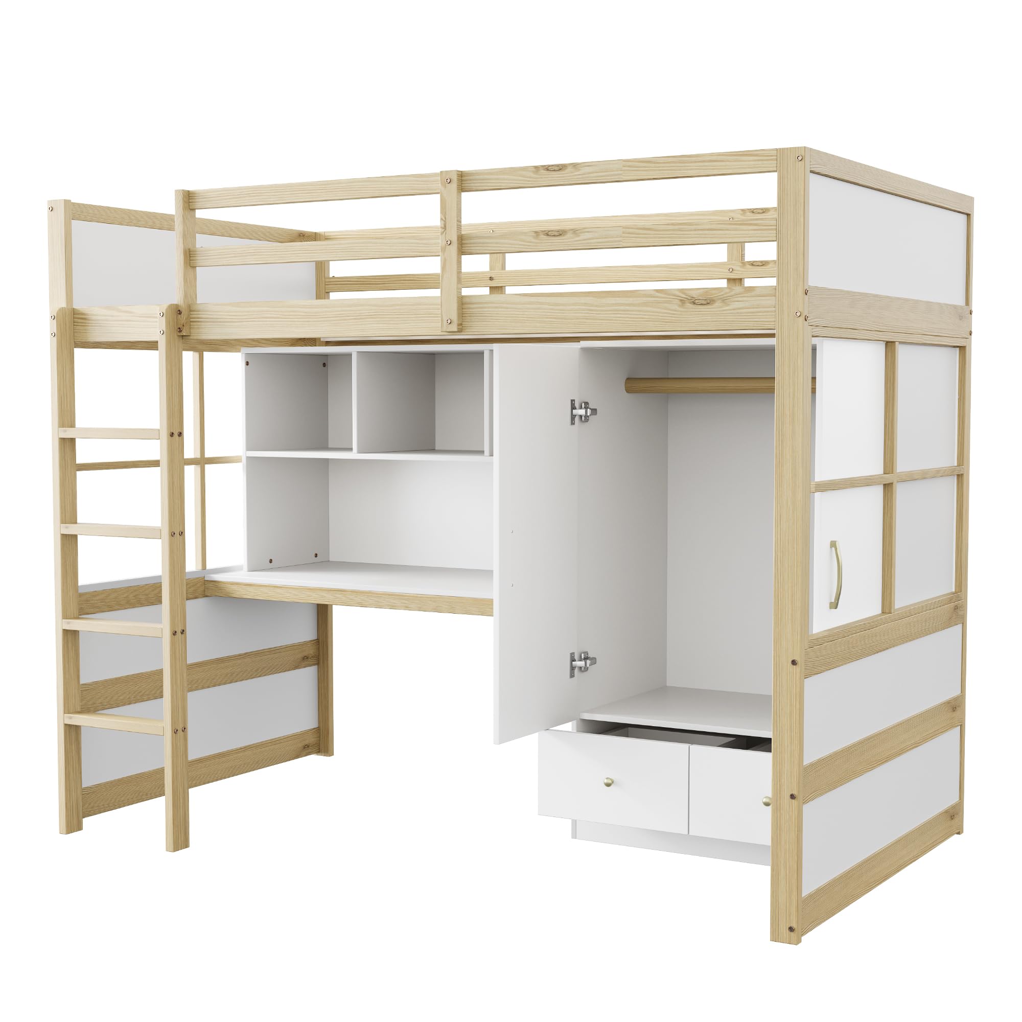 Letto a soppalco 90 x 200 cm – Con scaletta, scrivania con vani contenitore, armadio e cassetti – Letto per bambini/Letto per ragazzi/Letto singolo (I)