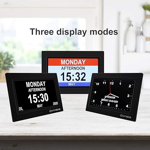 Miniatura 4 de Exmate Calendario de reloj de día, pantalla extra grande no abreviada de 10 pulgadas, AMPM, con 13 opciones de alarma, función de repetición, brillo
