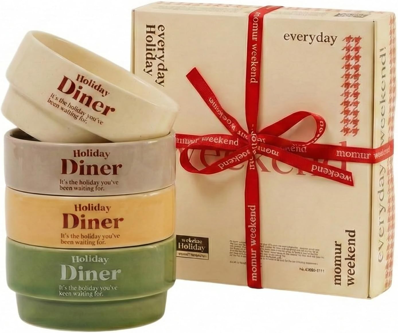 Momur Weekend 7 Holiday Diner Sauce Bowl Set – Ceramic 4-Piece Set with Vintage Retro Design Gift-Ready Box Included Microwave & Dishwasher Safe