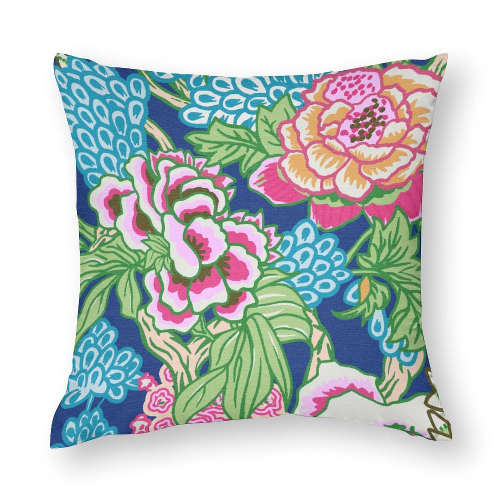 Plujam Decorative Throw Pillow Covers Blue and Pink Chinoiserie Floral Pillow Covers 24" x 24" for Sofa Asian Inspired Chinoiserie Eurosham Pillowcase