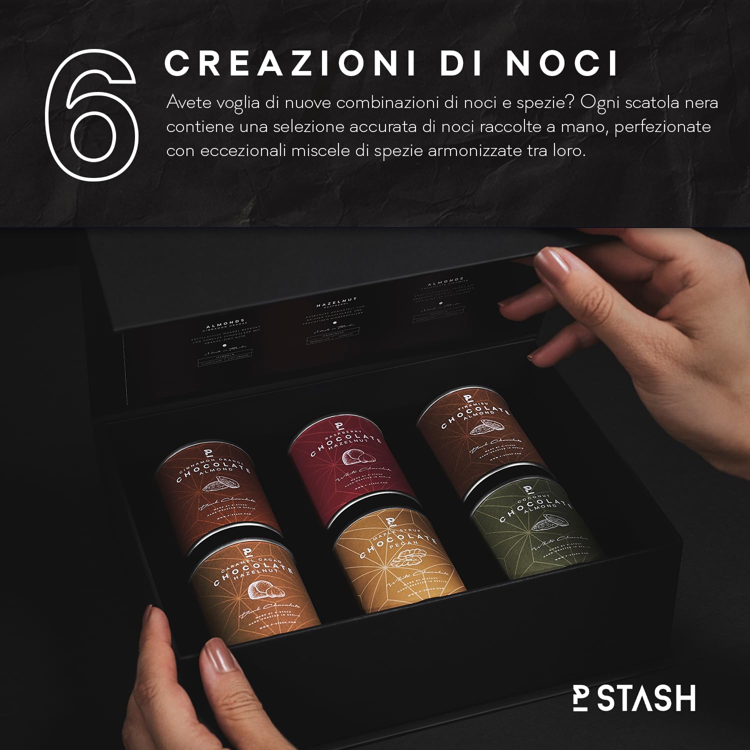 P-Stash Black Box Mix di Noci Chocolate Dream – Confezione da 6 – Pecan, Nocciole & Mandorle – Noci al cioccolato con spezie uniche, tostate a mano a Berlino