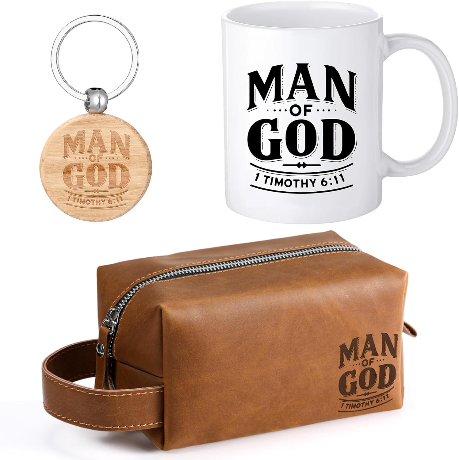 Shinylin 3 Pcs Easter Man of God Theme Gift for Men Christian 11.2oz Inspirational Coffee Mug Religious Bible Verse Leather Toiletry Bag Scripture Keychain for Dad Pastor Church Gift(Classic Color)