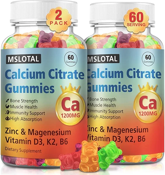 MSLOTAL Calcium Citrate Gummies, Calcium 1200mg with Vitamin D3, B6, B12, Magnesium Zinc Calcium Supplements for Women and Men, Support Bone & Muscle Health, 120 Chews