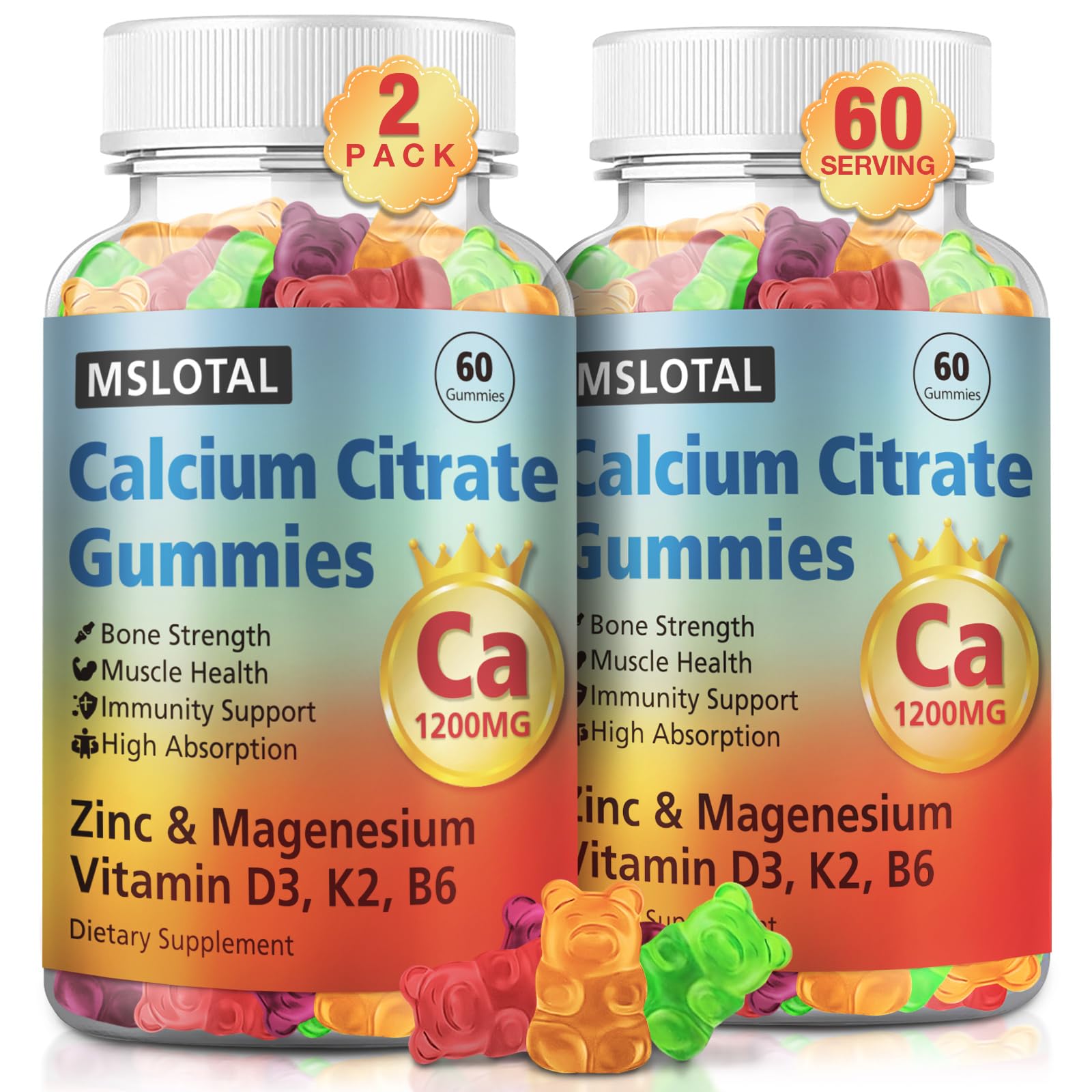MSLOTAL Calcium Citrate Gummies, Calcium 1200mg with Vitamin D3, B6, B12, Magnesium Zinc Calcium Supplements for Women and Men, Support Bone & Muscle