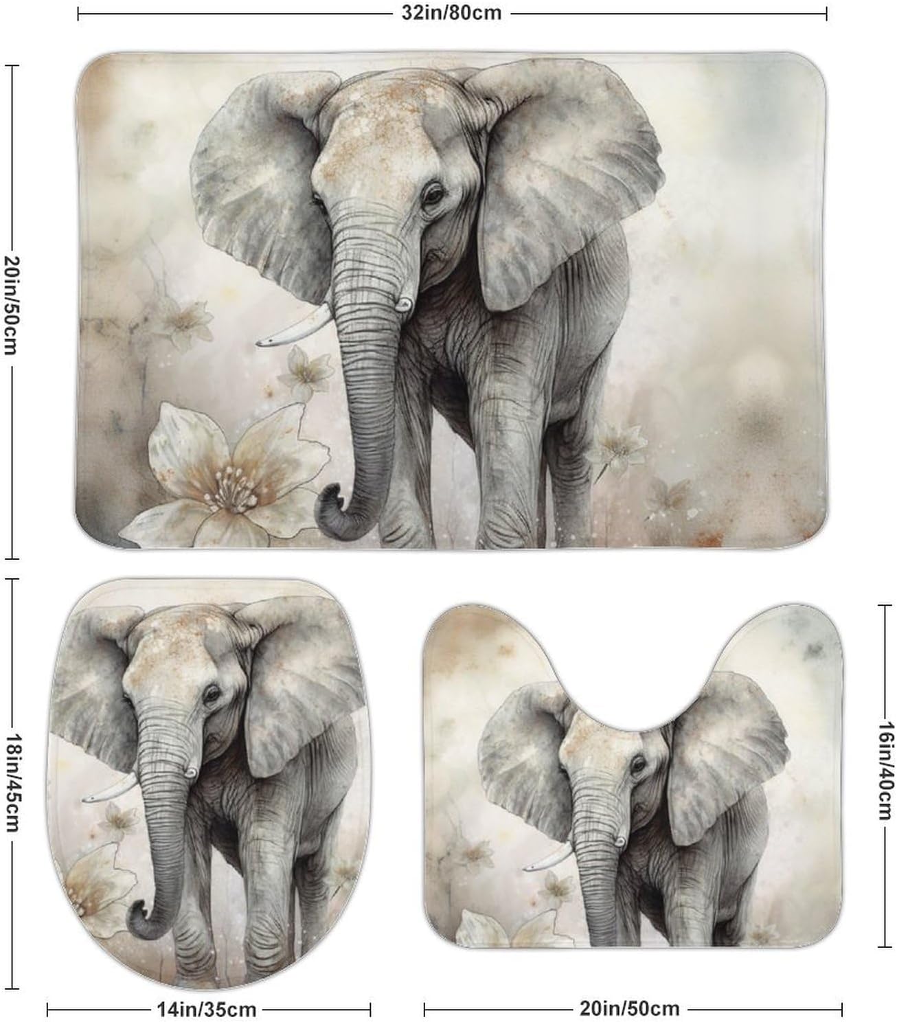 Anti-Skid Floor Mats 3 Piece Set,Animals Cute Elephant Printed Coral Fleece Bathroom Mats U-Shaped Contour Mat Toilet Seat Cover for Bathroom, Tub, Shower, Kitchen 19.7"x31.5"
