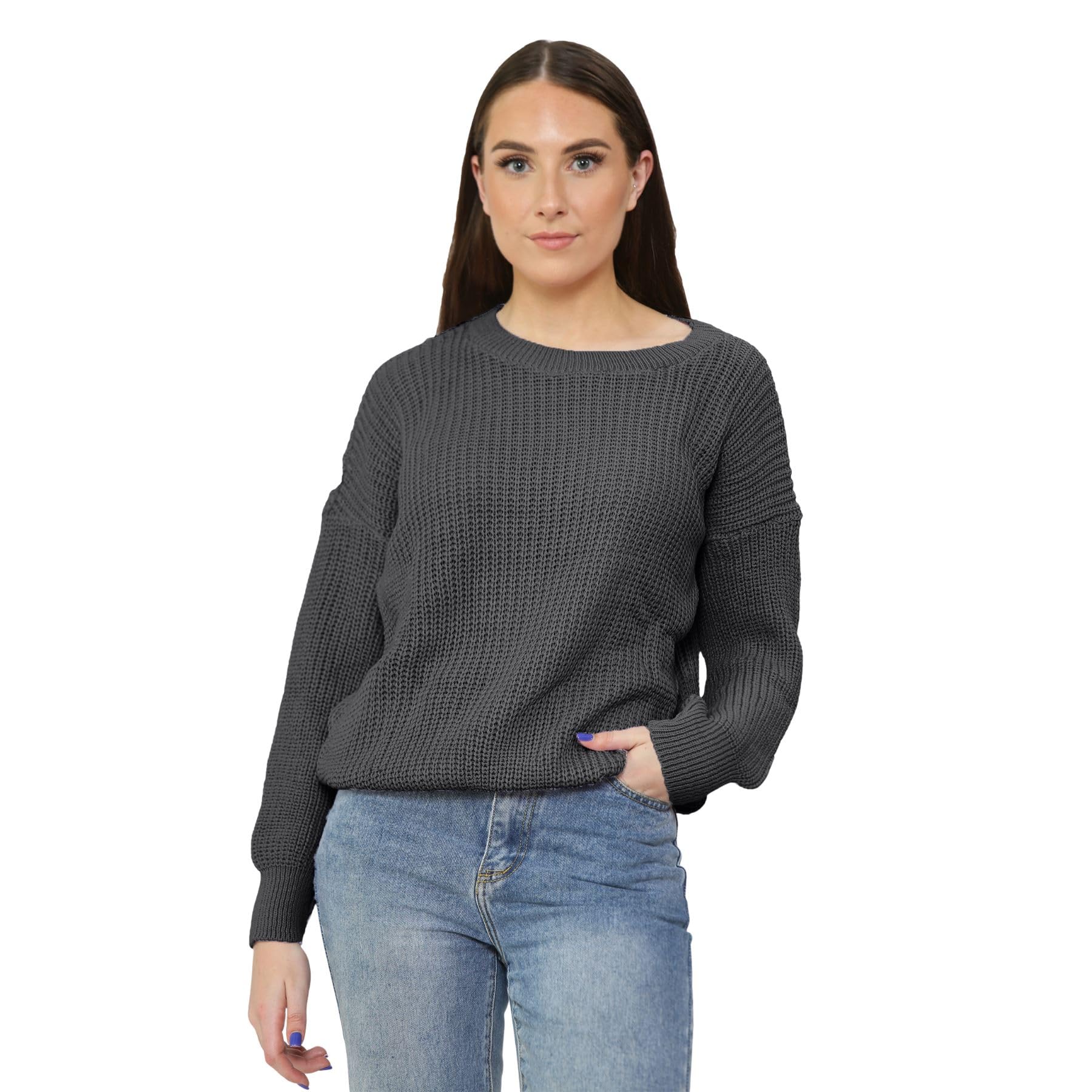 Hamishkane® Womens Long Sleeve Baggy Fisherman Sweater, Chunky Knitted Crew Neck Jumper, Lightweight Pull Over Chunky Sweater Women Winter Oversized Jumpers Charcoal